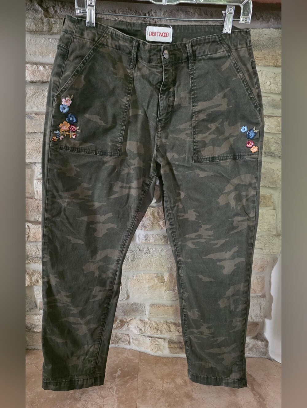 DRIFTWOOD Olive Camo Jeans with Pink Blue and Yellow Floral Embroidery